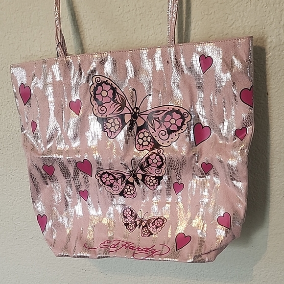 Ed Hardy Handbags - Ed Hardy Pink and Silver Butterfly Heart Tote